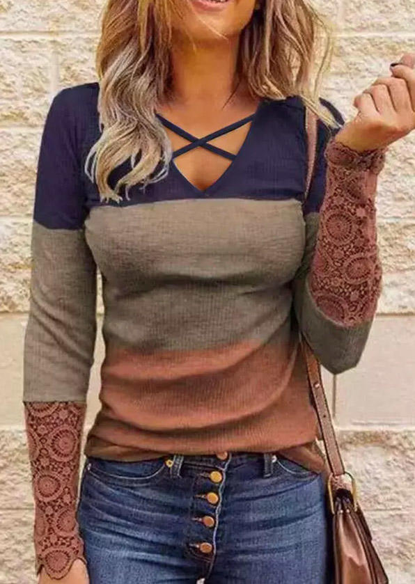 Autumn Essentials Color-Blocked Criss-Cross Lace Warm Blouse