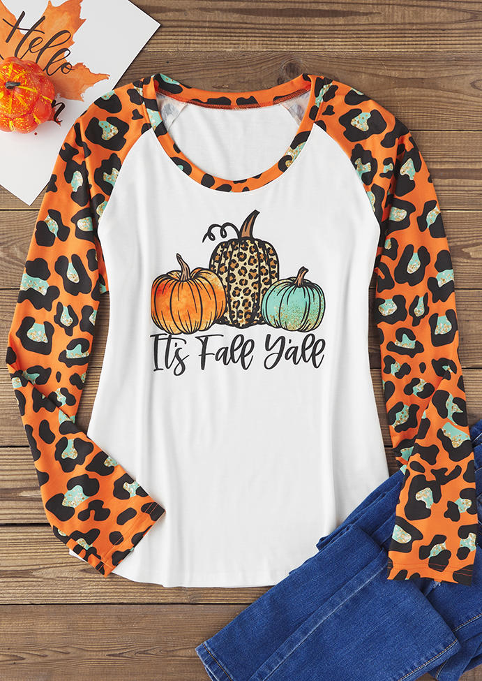 

T-shirts Tees It' Fall Y'all Leopard Pumpkin Raglan Sleeve T-Shirt Tee in Multicolor. Size: L,M