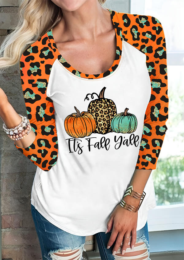 It's Fall Y'all Leopard Pumpkin Raglan Sleeve T-Shirt Tee