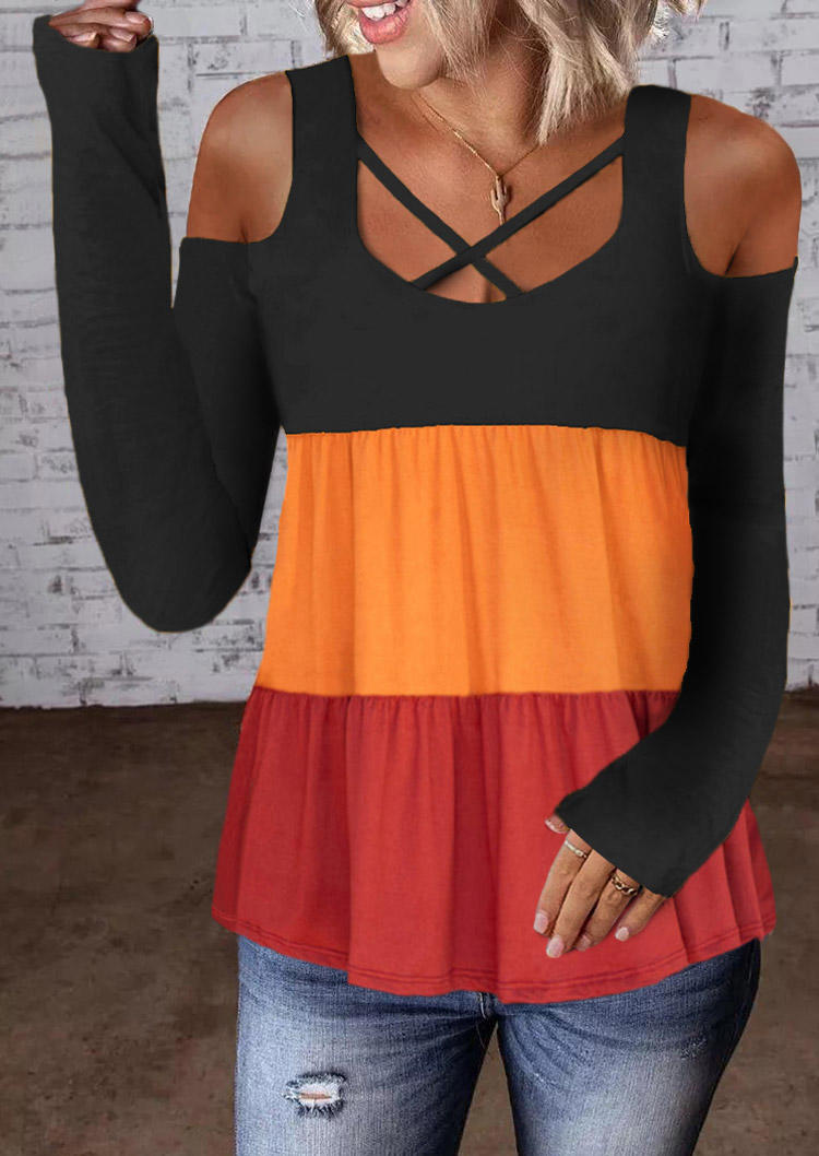 Color Block Criss-Cross Cold Shoulder Ruffled Blouse