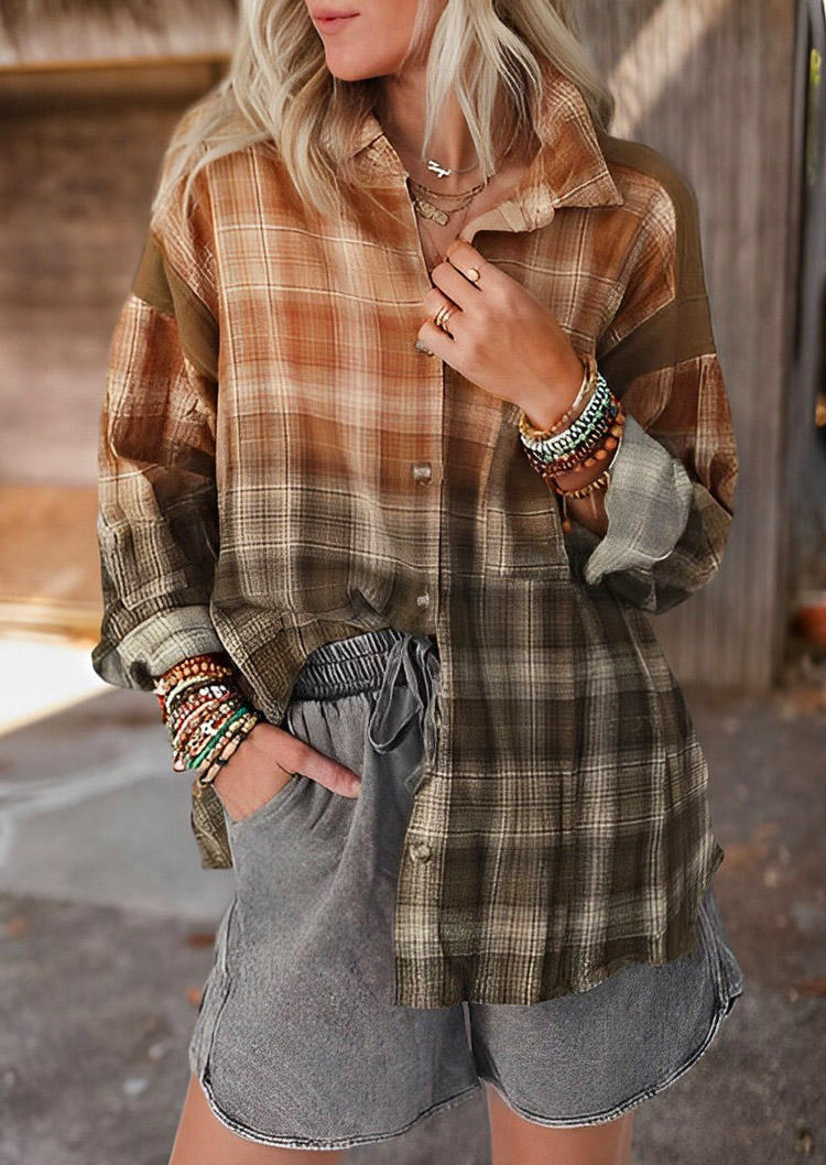 

Shirts Gradient Plaid Button Pocket Turn-Down Collar Shirt in Orange. Size: L,M,,XL