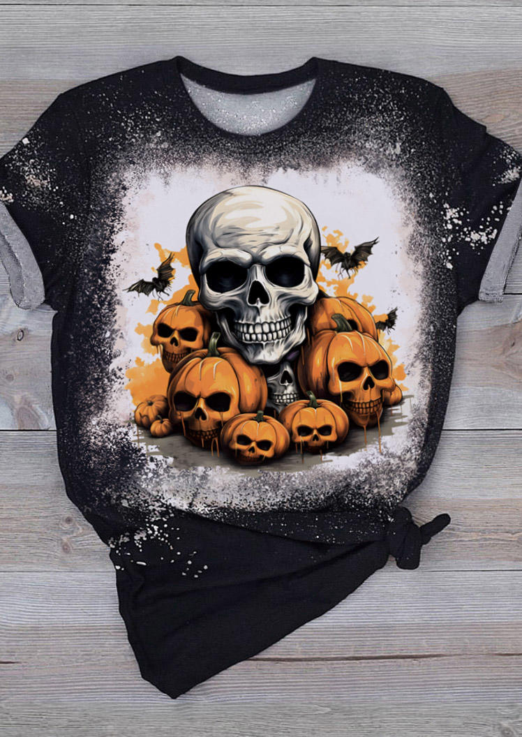 Halloween Skull Pumpkin Bleached T-Shirt Tee