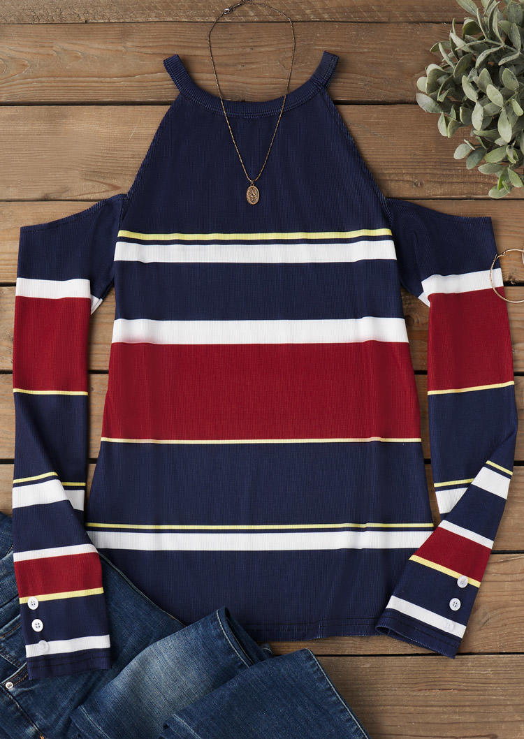 

Blouses Striped Button Cold Shoulder Blouse in Multicolor. Size: L,M,,XL