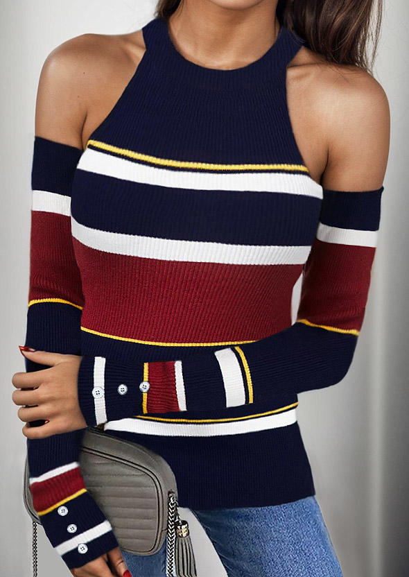 Striped Button Cold Shoulder Blouse