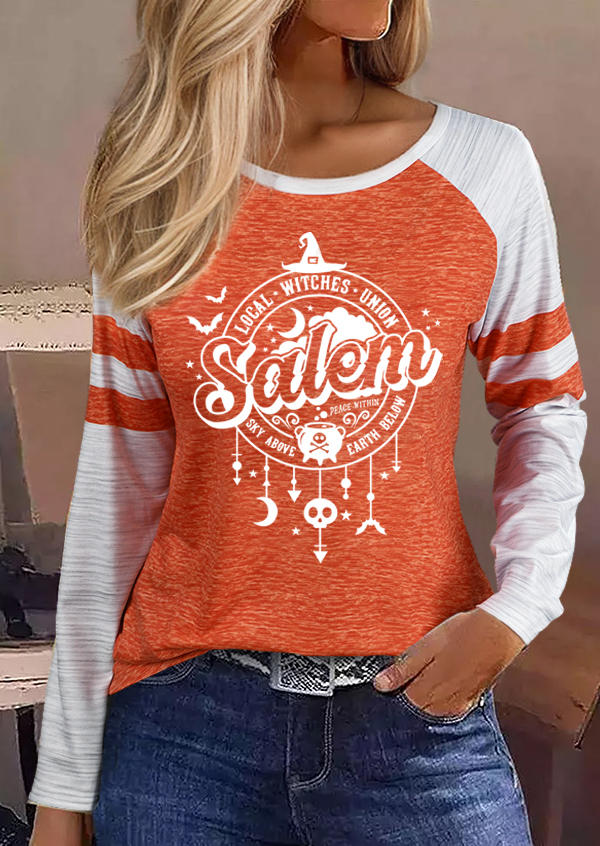 

T-shirts Tees Halloween Salem Skull Bat Raglan Sleeve T-Shirt Tee in Orange. Size