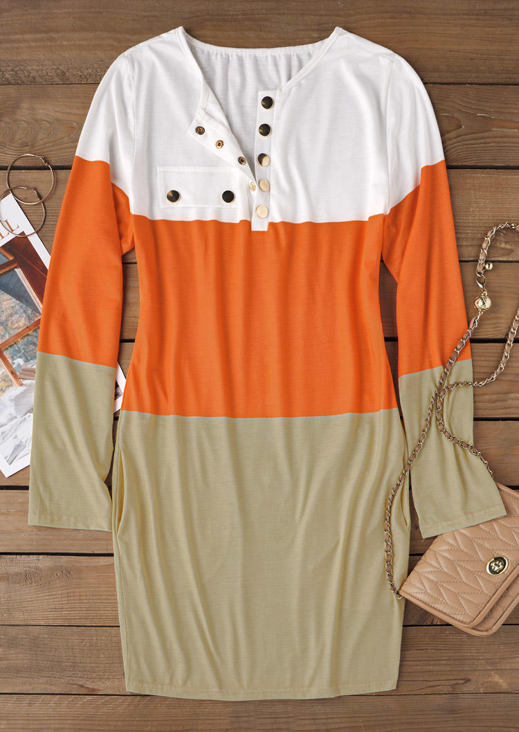 

Mini Dresses Color Block Snap Button Pocket Mini Dress in Orange. Size: L,M,,XL