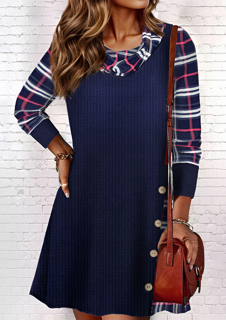 

Mini Dresses Plaid Button Waffle Cowl Neck Mini Dress in Multicolor. Size: L,M,,XL