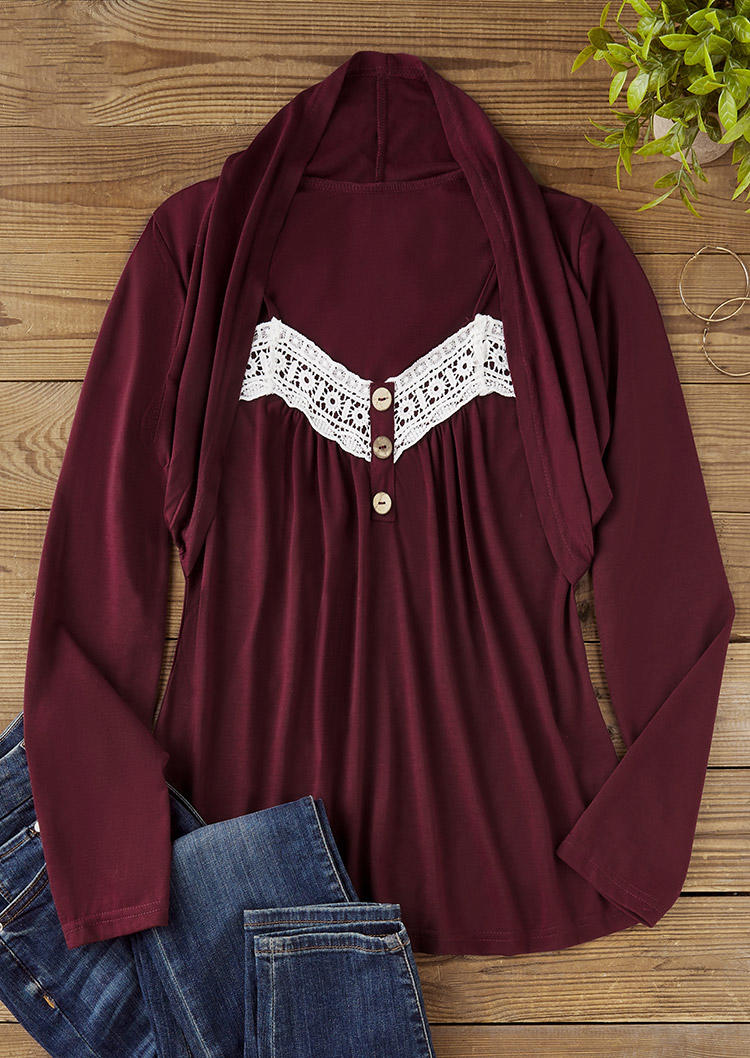 

Blouses Ruffled Button Lace Splicing Blouse - Burgundy in Red. Size: L