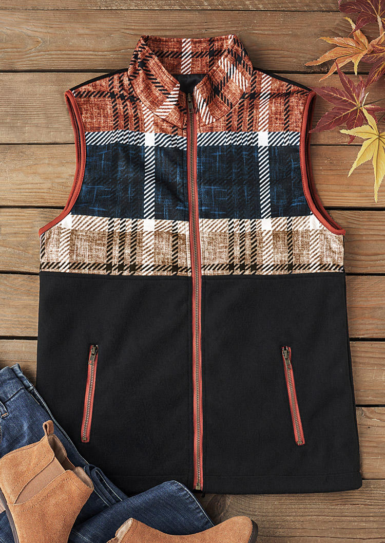 

Coats Plaid Color-Blocked Striped Pocket Zipper Vest Coat in Black. Size: M