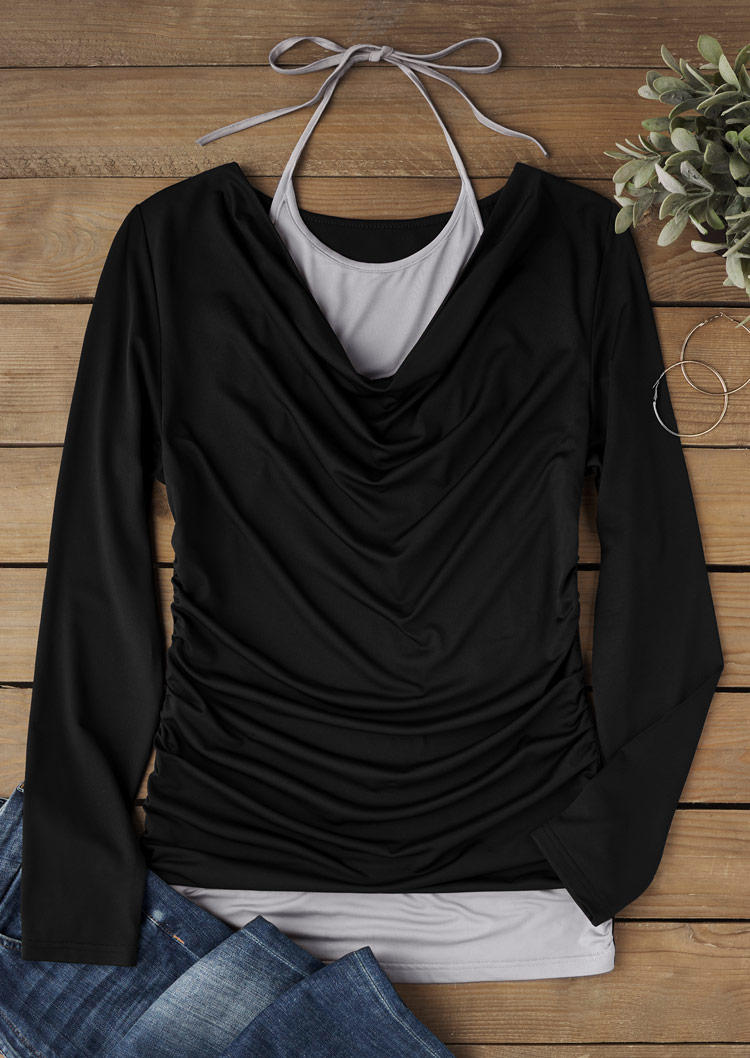 

Blouses Color Block Draped Long Sleeve Fake Two-Piece Blouse in Black. Size: L,M,,XL