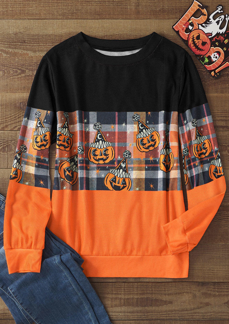 

Sweatshirts Halloween Plaid Color Block Pumpkin Face Waffle Sweatshirt in Multicolor. Size: L,M,,XL