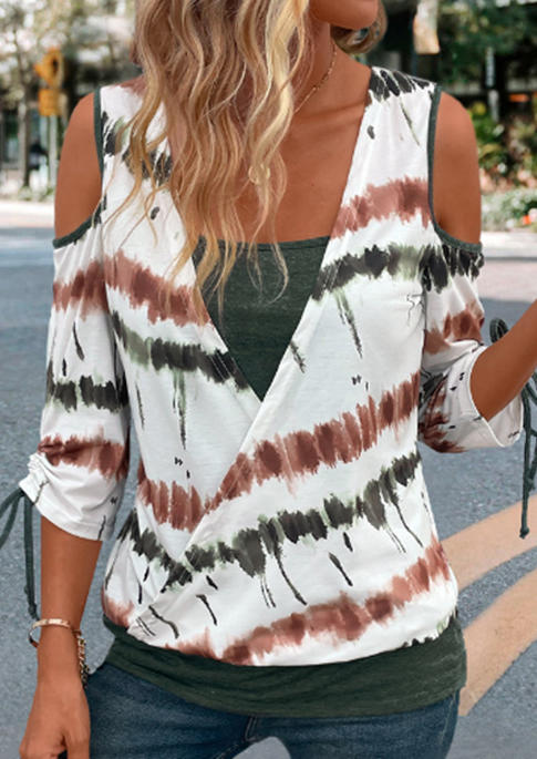 

Blouses Tie Dye Drawstring Cold Shoulder Fake Two-Piece Blouse in Multicolor. Size