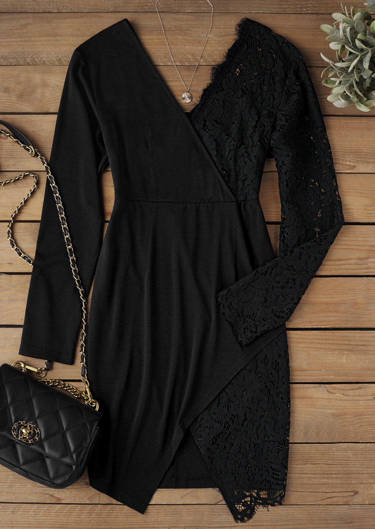 

Mini Dresses Lace Wrap V-Neck Mini Dress in Black. Size: L,M,,XL