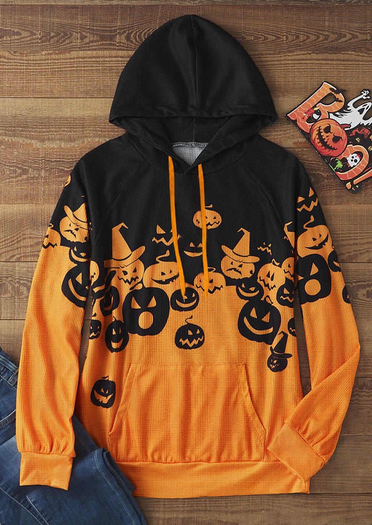 

Hoodies Halloween Pumpkin Face Kangaroo Pocket Hoodie in Multicolor. Size: L,M