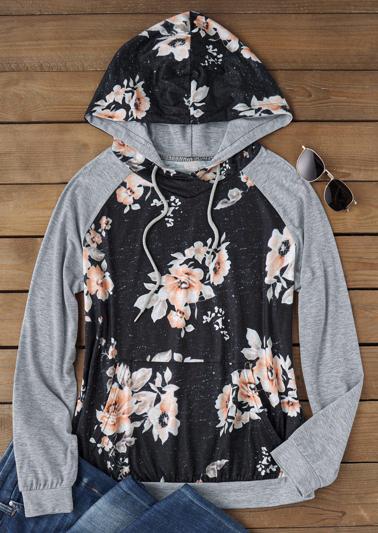 

Hoodies Floral Drawstring Kangaroo Pocket Hoodie in Multicolor. Size