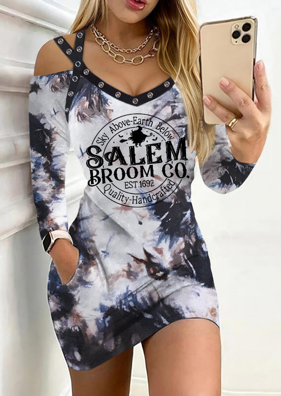Halloween Witch Tie Dye Criss-Cross Pocket Cold Shoulder Mini Dress
