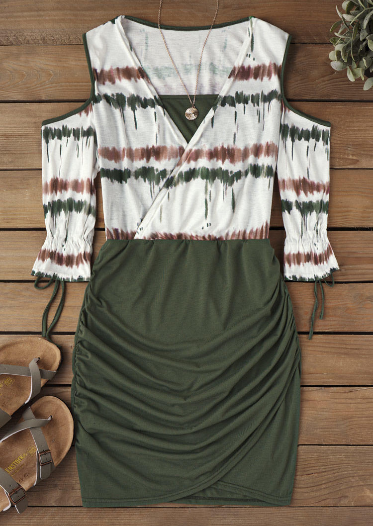 

Bodycon Dresses Tie Dye Striped Wrap Ruched Cold Shoulder Bodycon Dress in Green. Size: L,M,,XL