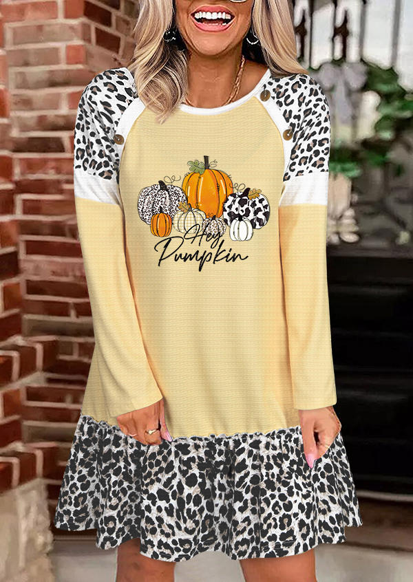 Hey Pumpkin Leopard Button Waffle Mini Dress - Yellow