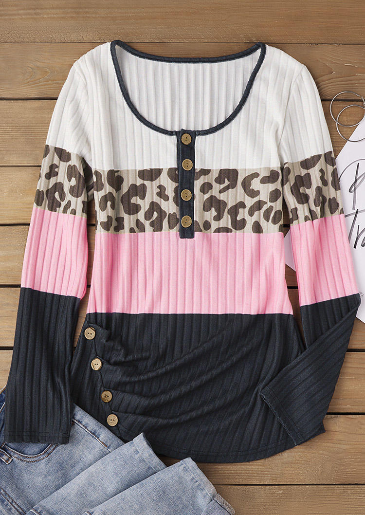 

Blouses Color Block Leopard Button Ruched Blouse in Multicolor. Size