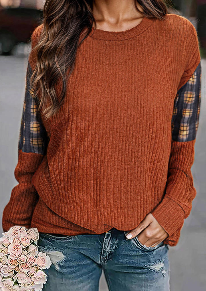 

Sweatshirts Plaid Ribbed O-Neck Sweatshirt in Brown. Size: L,M