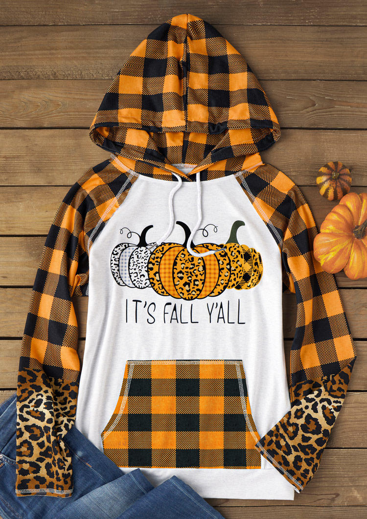 

Hoodies It' Fall Y'all Leopard Plaid Pumpkin Kangaroo Pocket Hoodie in Multicolor. Size: L,M,,XL