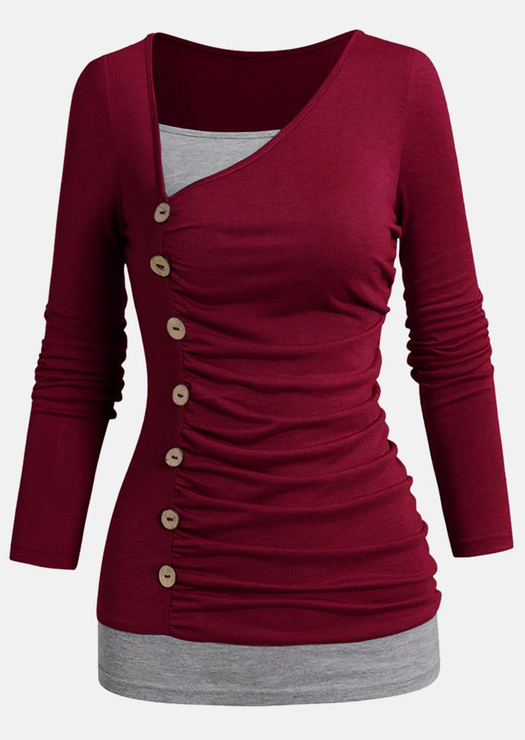 

Blouses Color-Blocked Button Flattering Fake Two-Piece Blouse - Burgundy in Red. Size: ,XL