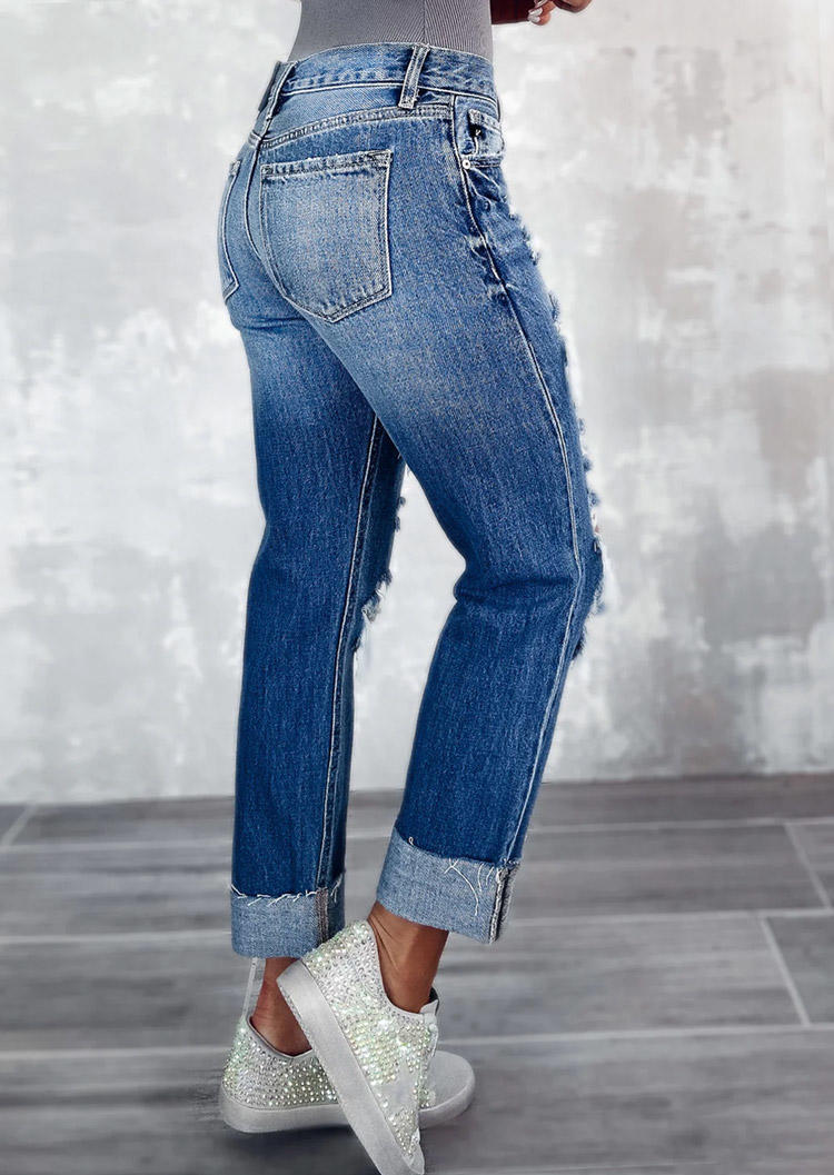 

Pants Ripped Hole Frayed Denim Pants - Deep Blue in Blue. Size