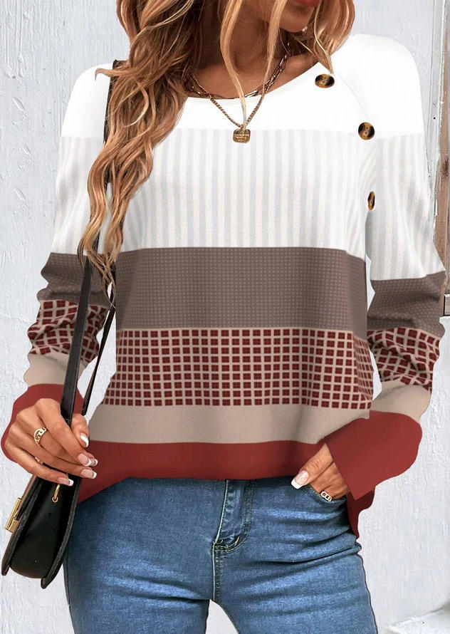 Vertical Striped Color Block Plaid Button Blouse