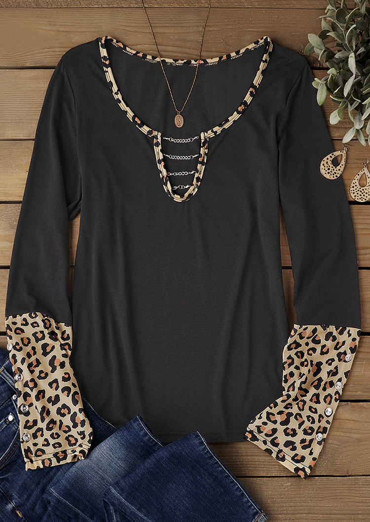 

Blouses Leopard Button Hollow Out Blouse in Black. Size