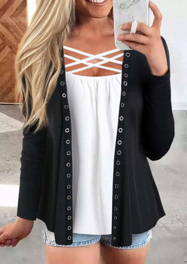 Color Block Criss-Cross Eyelet Fake Two-Piece Blouse - Black