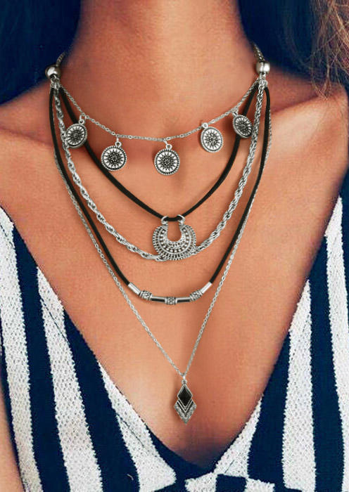 

Necklaces Geometric Multi-Layered Alloy Bohemian Necklace in Silver. Size