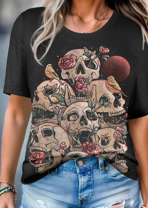 Halloween Skull Floral Ethnic Art Graphic T-Shirt Tee