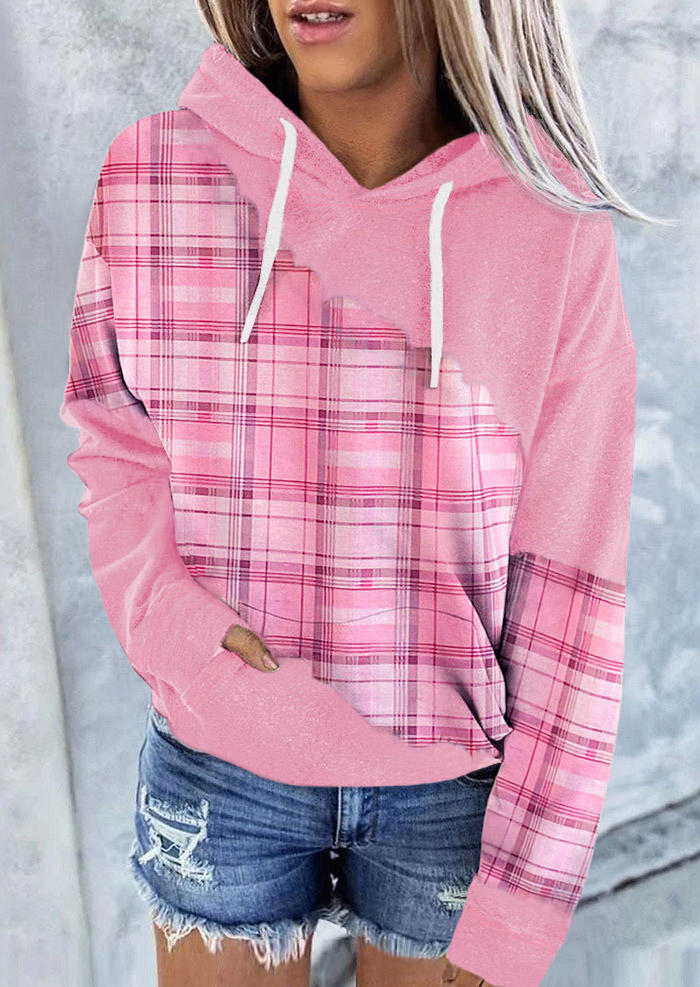 

Hoodies Plaid Kangaroo Pocket Drawstring Hoodie in Pink. Size: L,M,,XL