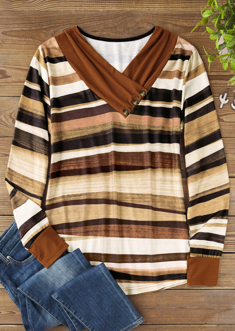 

Blouses Color Block Striped Button Long Sleeve Blouse in Multicolor. Size