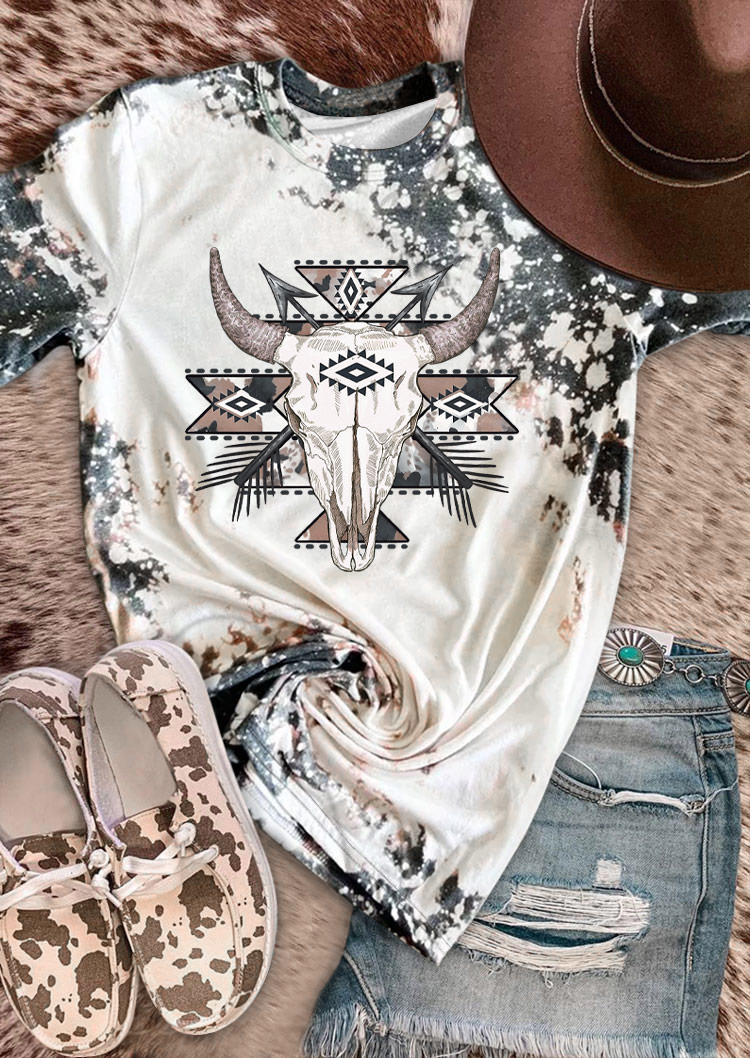 

T-shirts Tees Steer Skull Aztec Western Bleached T-Shirt Tee in Multicolor. Size