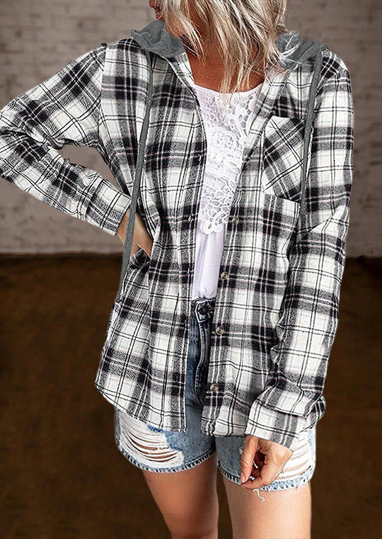 

Shirts Plaid Button Drawstring Hoodie Shirt in Multicolor. Size