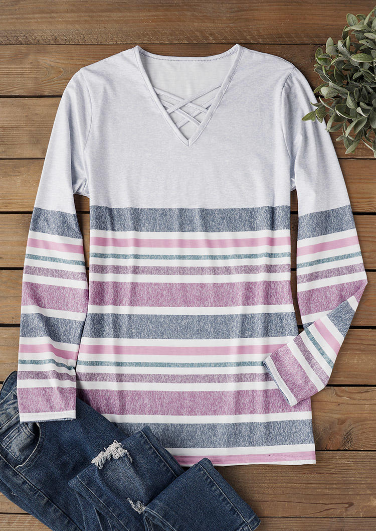 

Blouses Color Block Striped Criss-Cross Long Sleeve Blouse in White. Size: ,XL