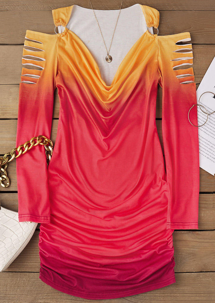 

Bodycon Dresses Gradient Cut Out Ruched Cold Shoulder Bodycon Dress in Multicolor. Size: L,M,,XL