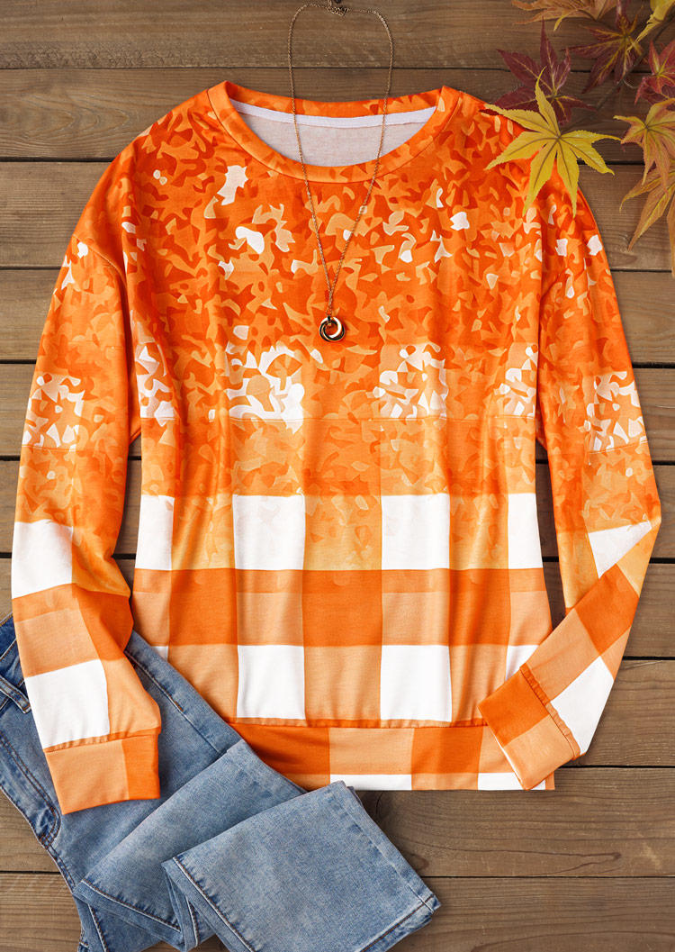 

Sweatshirts Plaid Gradient Glitter O-Neck Sweatshirt in Orange. Size: L,M,,XL