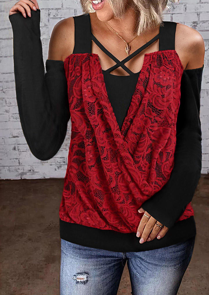 

Blouses Floral Lace Splicing Criss-Cross Cold Shoulder Blouse - Burgundy in Red. Size: L,M,,XL