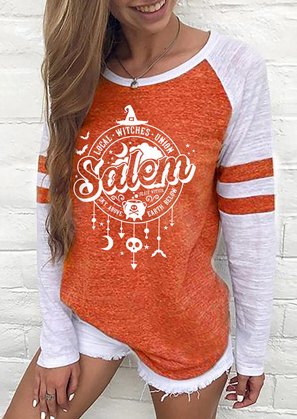 Halloween Salem Skull Bat Raglan Sleeve T-Shirt Tee - Orange