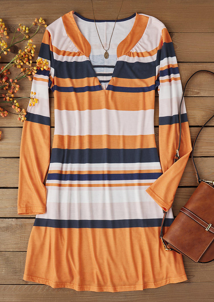 Striped Color Block Hollow Out Long Sleeve Mini Dress