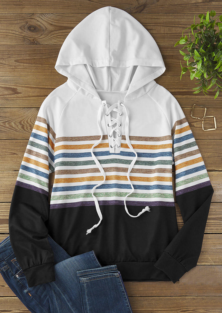 

Hoodies Striped Color Block Lace Up Hoodie in Multicolor. Size: L,M,,XL