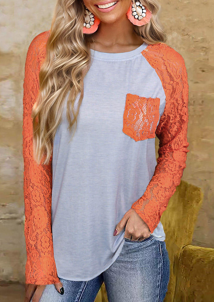 Lace Splicing Pocket Raglan Sleeve Blouse