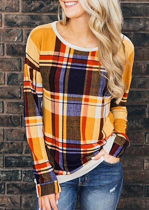Autumn Plaid Long Sleeve O-Neck Blouse