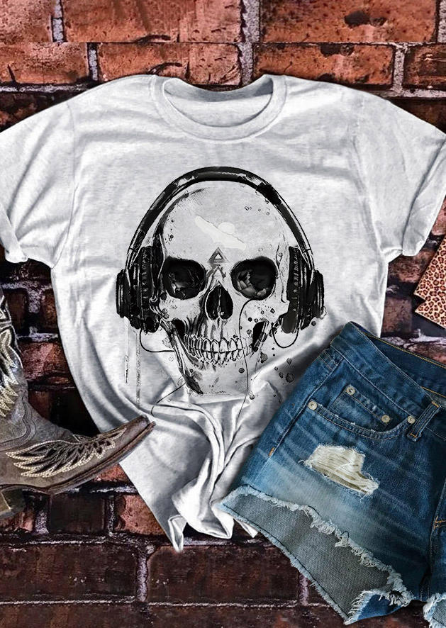 

T-shirts Tees Halloween Skull O-Neck T-Shirt Tee - Light Grey in Gray. Size
