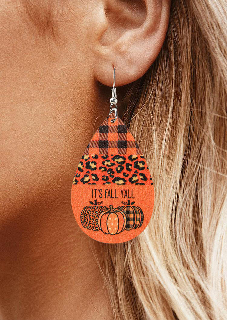

Earrings It's Fall Y'all Leopard Plaid Polka Dot Pumpkin Water Drop Earrings in Orange. Size