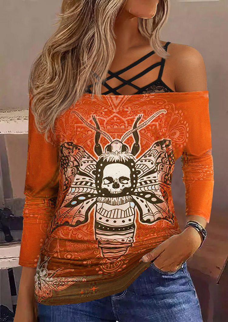 

Blouses Halloween Gradient Skull Cold Shoulder Fake Two-Piece Blouse in Multicolor. Size: L,M,,XL