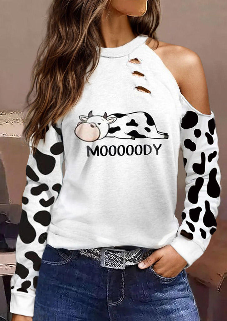 Mooooody Cow Hollow Out Cold Shoulder Blouse - White