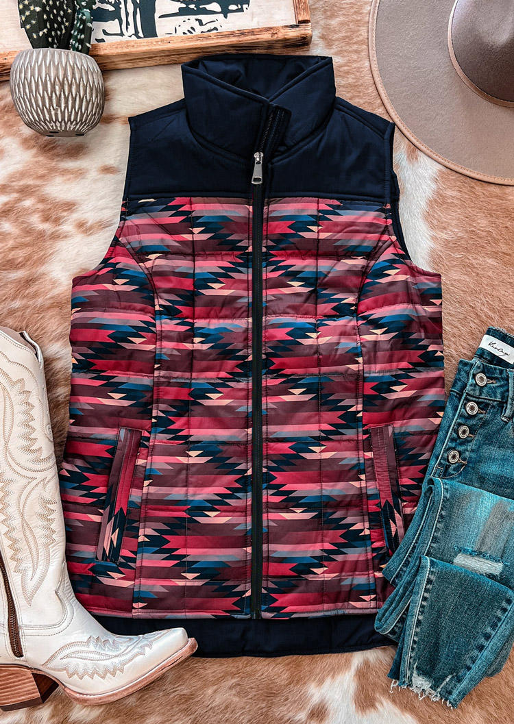 

Coats Aztec Geometric Zipper Western Vest Coat in Multicolor. Size